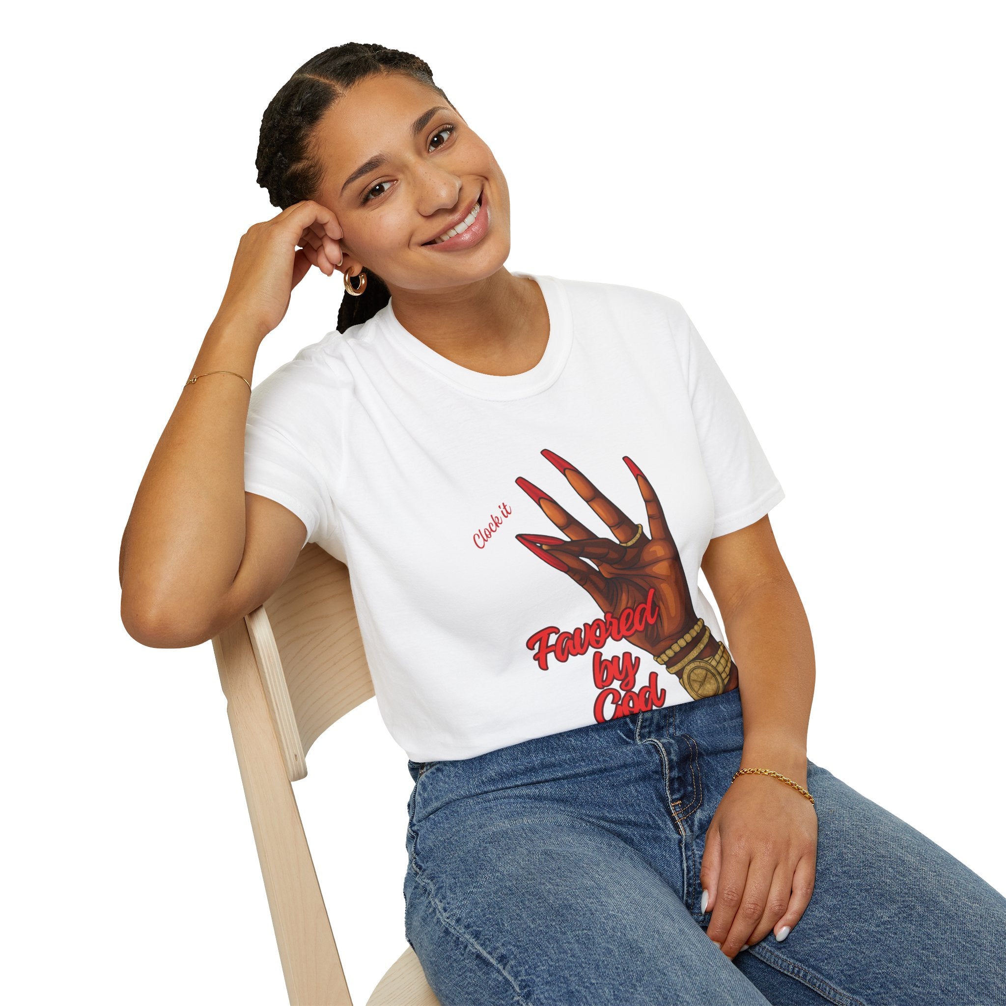 T-Shirt — "Favored by God" Graphic Tee with Clocking Hand Design