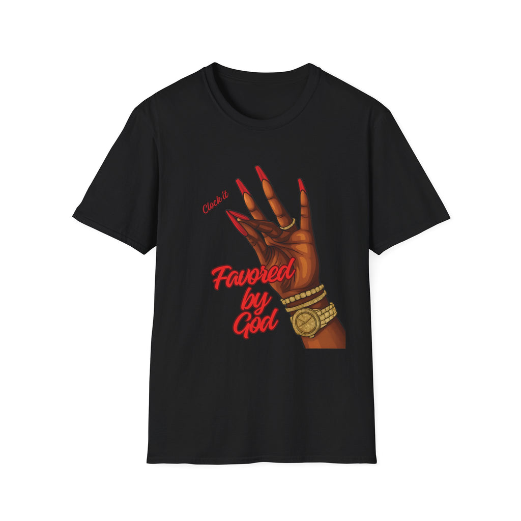 T-Shirt — "Favored by God" Graphic Tee with Clocking Hand Design