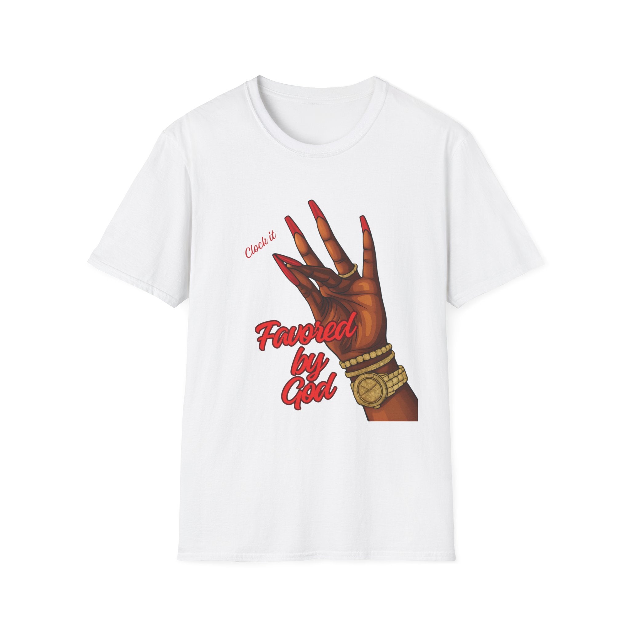 T-Shirt — "Favored by God" Graphic Tee with Clocking Hand Design